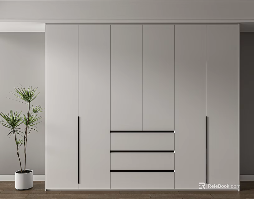 Modern Wardrobe With Sleek Design Black Handles Drawers And Potted Plant 3d model 