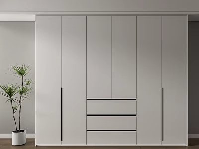 Modern Wardrobe With Sleek Design Black Handles Drawers And Potted Plant 3d model
