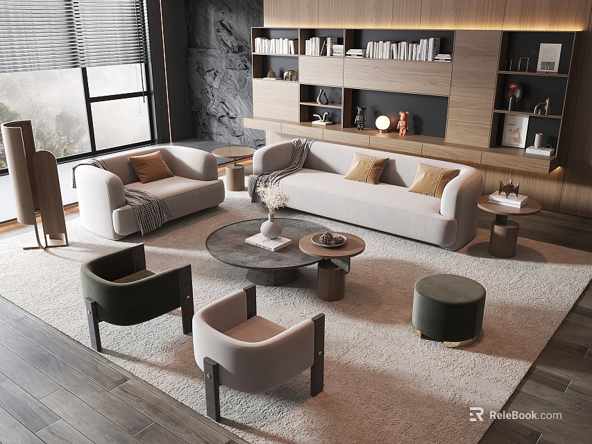 Modern Living Room Interior Design With Sofa Armchairs Coffee Table Bookshelves And Area Rug 3d model 