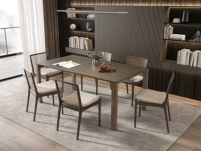 Modern Wooden Dining Table Set With Six Chairs And Bookshelves On Rug 3d model