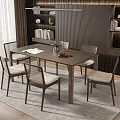 Modern Wooden Dining Table Set With Six Chairs And Bookshelves On Rug