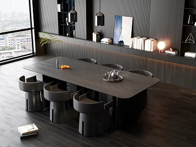 Modern Dark Wood Dining Table Set With Round Chairs Large Window And Decor 3d model