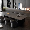 Modern Dark Wood Dining Table Set With Round Chairs Large Window And Decor 3d model