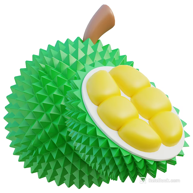 Ripe Green Spiky Durian Fruit With Yellow Flesh Segments Inside 3d model 