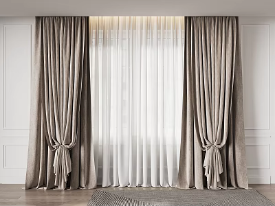 Beige Curtains With Sheer White Lining Tied Back In Modern Living Room Design 3d model