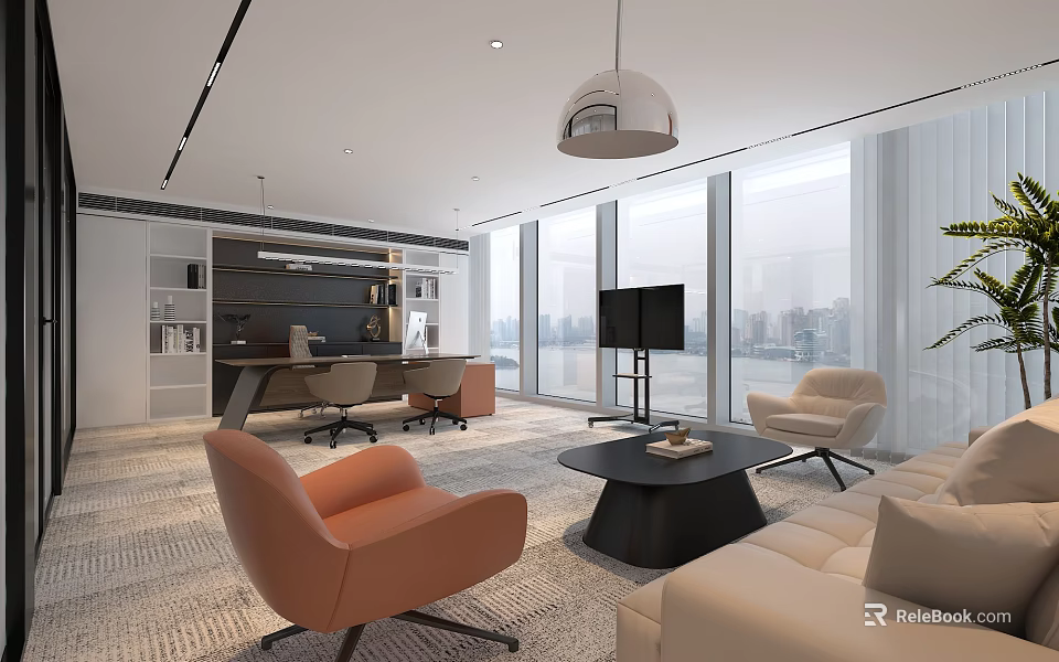 Modern Office With Open Layout Large Windows City View Sofa Orange Chairs Black Coffee Table 3d model