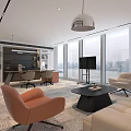 Modern Office With Open Layout Large Windows City View Sofa Orange Chairs Black Coffee Table 3d model