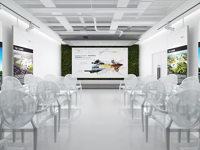Modern Indoor Conference Space With White Transparent Chairs Green Backdrop And Front Projection Screen 3d model