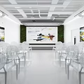 Modern Indoor Conference Space With White Transparent Chairs Green Backdrop And Front Projection Screen