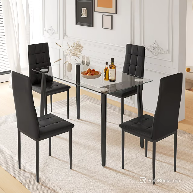 Restaurant Dining With Glass Table Black Chairs White Walls Vase Fruit Plate And Wine Bottles 3d model 