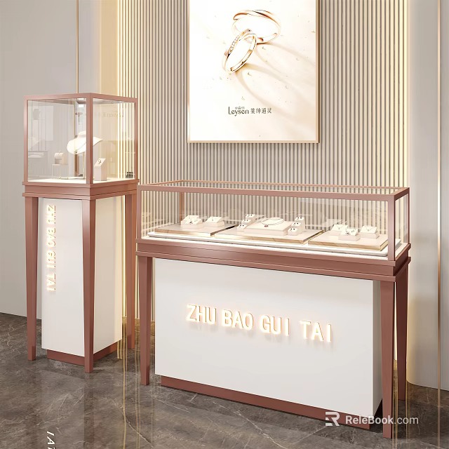 Modern Luxury Jewelry Display Shelves With Glass Cases Showcasing Accessories 3d model 