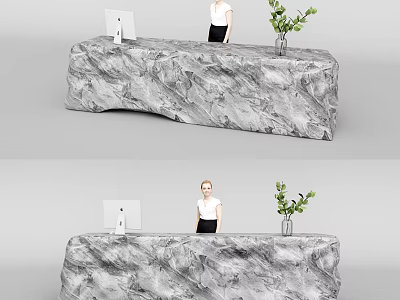 Modern Reception Desk with Marble Countertop Green Plant and Computer Monitor 3d model