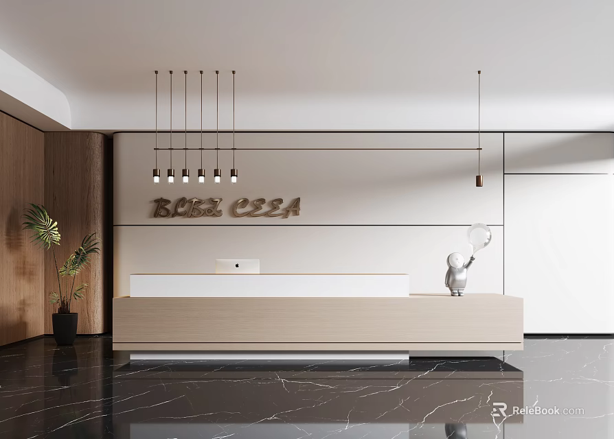 Modern Reception Area With BOBE CZZA Sign Hanging Lights Plant And Marble Floor 3d model 
