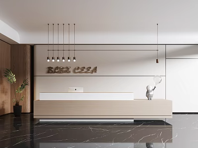 Modern Reception Area With BOBE CZZA Sign Hanging Lights Plant And Marble Floor 3d model