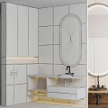 Modern Wooden Bathroom Vanity With Oval Backlit Mirror And White Tiled Wall