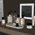Assorted Daily Care Products On Wooden Vanity With Soap Brush And Lotion Bottles
