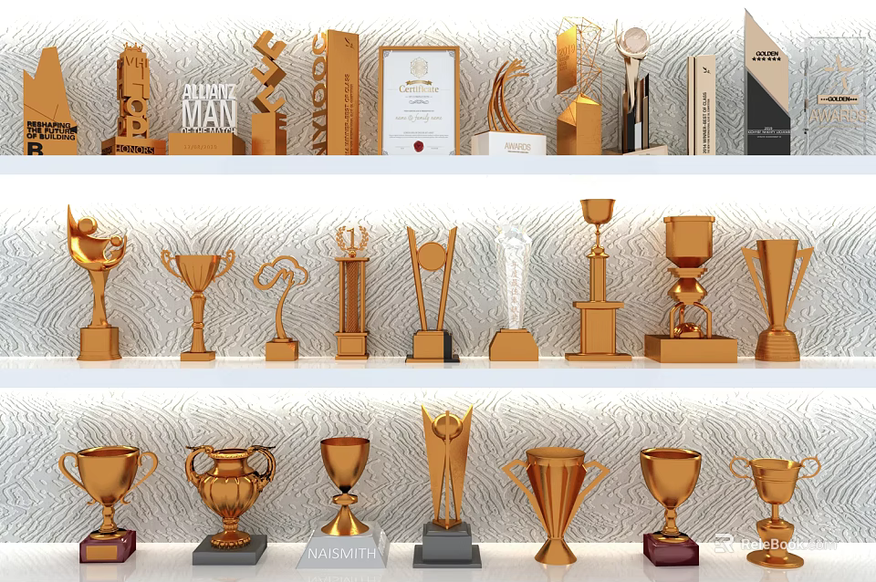Display Of Various Trophies And Medals With Unique Designs And Metal Finishes 3d model 