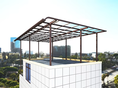 Roof Canopy With Metal Frame Glass Roof And White Building City View 3d model