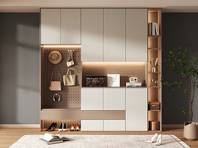 Modern Lighted Shoe Cabinet Interior With Hanging Hooks Bags Hats And Shoes At Bottom 3d model