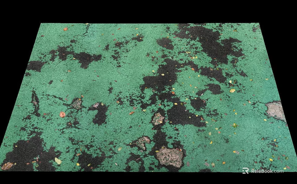 Worn Green Damaged Ground With Black Patches Scattered Colorful Debris And Cracks 3d model 