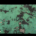 Worn Green Damaged Ground With Black Patches Scattered Colorful Debris And Cracks