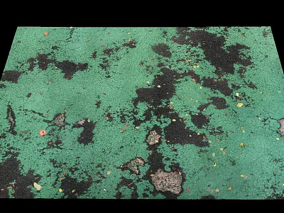 Worn Green Damaged Ground With Black Patches Scattered Colorful Debris And Cracks 3d model