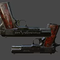 Two Classic Handguns With Metal Finish And Engraved Wooden Grips Showcasing Detailed Craftsmanship