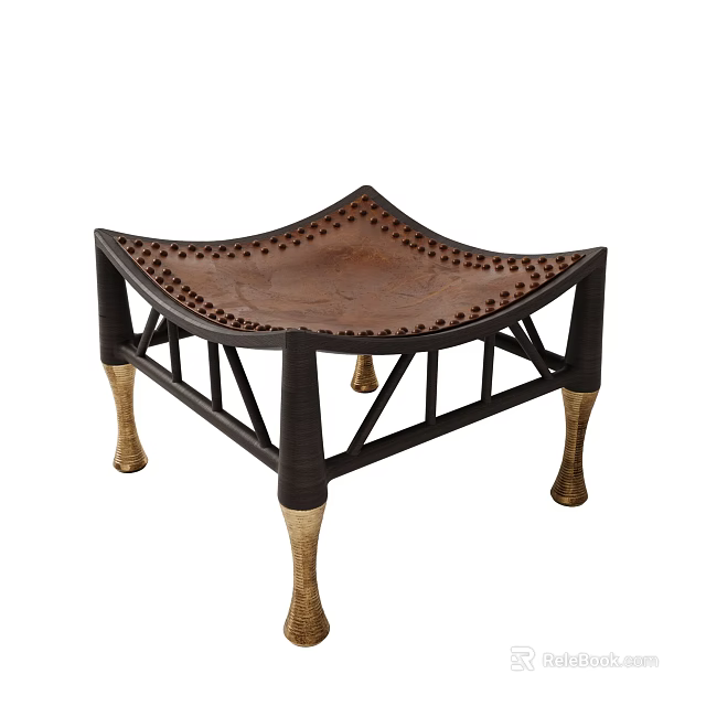 Exquisite Vintage Curved Riveted Leather Stool With Brass Decorative Feet And Sturdy Dark Solid Frame 3d model 