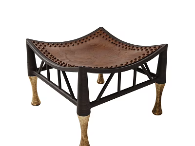 Exquisite Vintage Curved Riveted Leather Stool With Brass Decorative Feet And Sturdy Dark Solid Frame 3d model