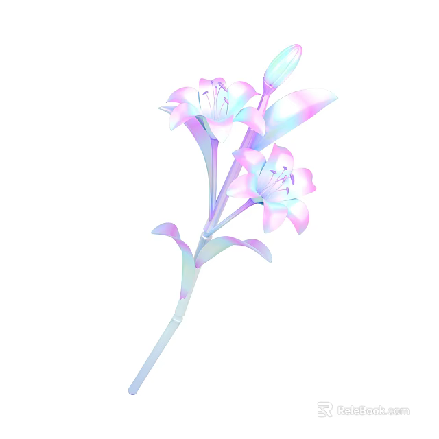 Beautiful Pink and Purple Lilies with Delicate Petals Green Stem and Leaves 3d model 