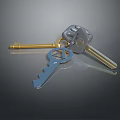 Metallic Keys With Different Shapes And Keychain On Reflective Surface 3d model