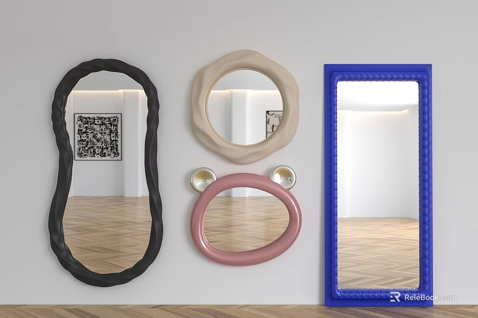 Decorative Mirrors in Different Shapes and Colors on Wall with Reflections 3d model