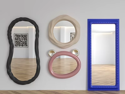 Decorative Mirrors in Different Shapes and Colors on Wall with Reflections 3d model