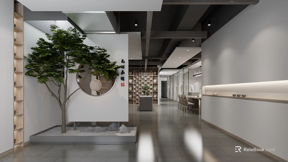 Modern Retail Store Interior With Green Plant Round Mirror Bookshelf And Tables 3d model 
