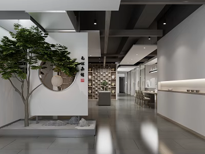 Modern Retail Store Interior With Green Plant Round Mirror Bookshelf And Tables 3d model
