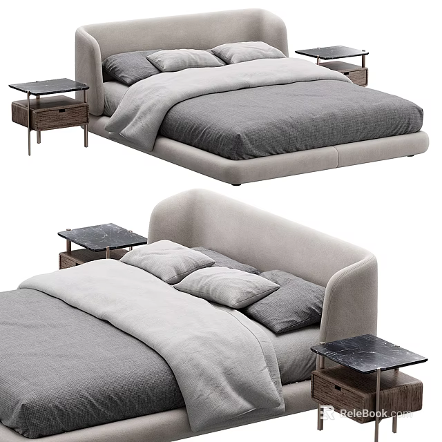 Modern Minimalist Double Bed With Upholstered Headboard Gray Beige Mattress And Wooden Nightstands Black Tops 3d model 