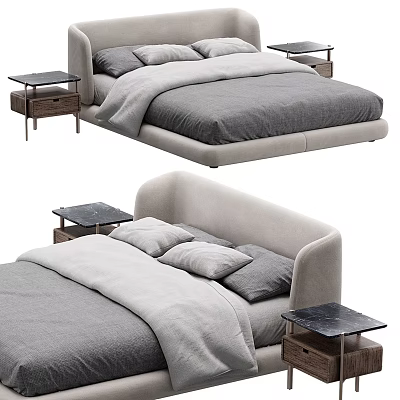 Modern Minimalist Double Bed With Upholstered Headboard Gray Beige Mattress And Wooden Nightstands Black Tops 3d model