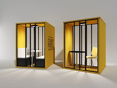 Modern Hotel Public Lounge Area With Yellow Enclosed Booths Black Metal Frames And White Seats 3d model