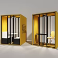 Modern Hotel Public Lounge Area With Yellow Enclosed Booths Black Metal Frames And White Seats