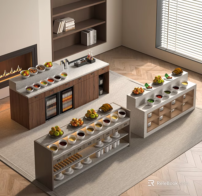 Modern Functional Table With Multi Tiered Shelves Holding Fruits And Cups 3d model 