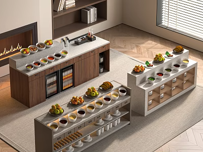 Modern Functional Table With Multi Tiered Shelves Holding Fruits And Cups 3d model