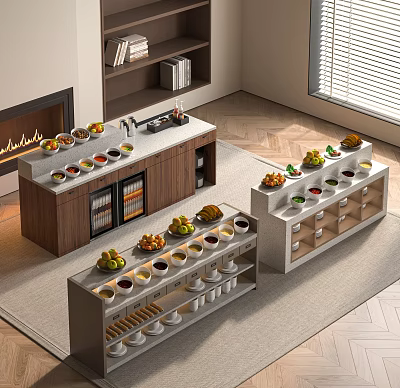 Modern Functional Table With Multi Tiered Shelves Holding Fruits And Cups 3d model