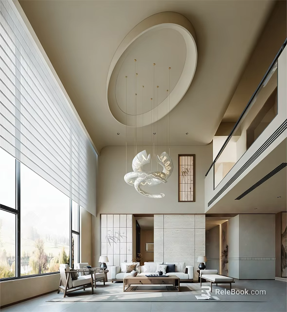 Modern Elegant Living Room with High Ceiling Round Chandelier Floor to Ceiling Windows Blinds Marble Walls 3d model 
