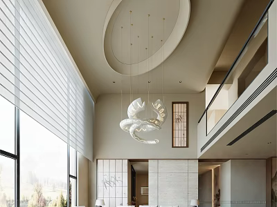 Modern Elegant Living Room with High Ceiling Round Chandelier Floor to Ceiling Windows Blinds Marble Walls 3d model