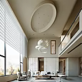 Modern Elegant Living Room with High Ceiling Round Chandelier Floor to Ceiling Windows Blinds Marble Walls