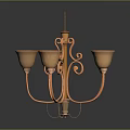 Vintage Copper Chandelier With Curved Design And Five Orange Glass Shades