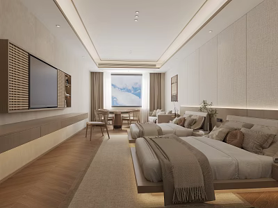 Modern Hotel Room Interior With Two Beds Wooden Decor TV And Window Curtains 3d model