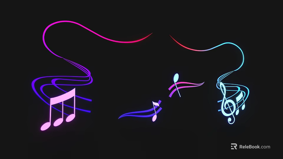 Purple And Blue Musical Note Wall Decor With Flowing Lines Treble Clef And Vibrant Colors 3d model 