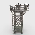 Rustic Wooden Tower With Crossbeam Structure Ladder Platform And Green Banner 3d model