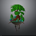 Floating Island Scene With Large Green Tree Glowing Lights And Colorful Plants